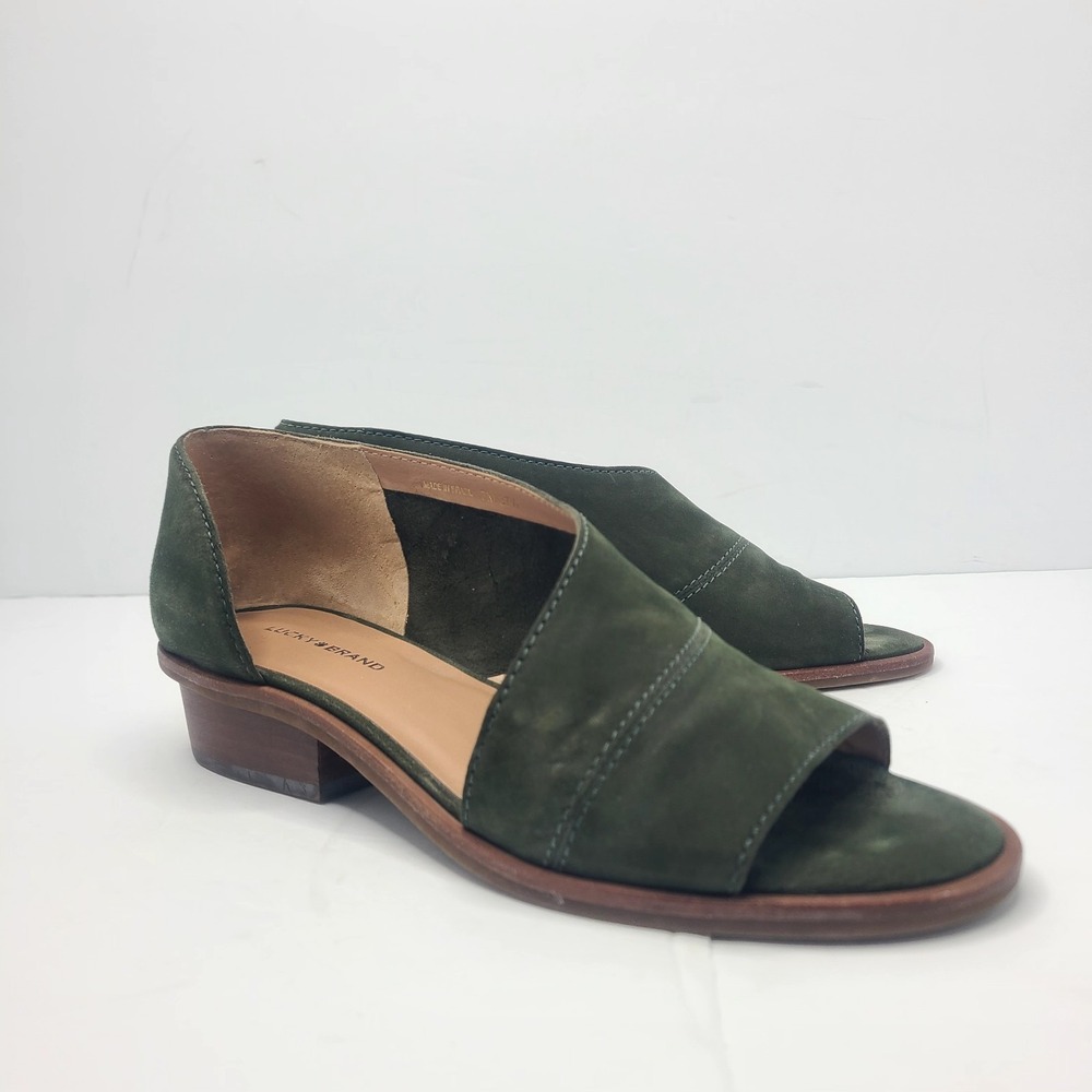 Lucky Brand Olive Green Suede Peep Toe Serkie Block Heel Sandals Boho Chic 7